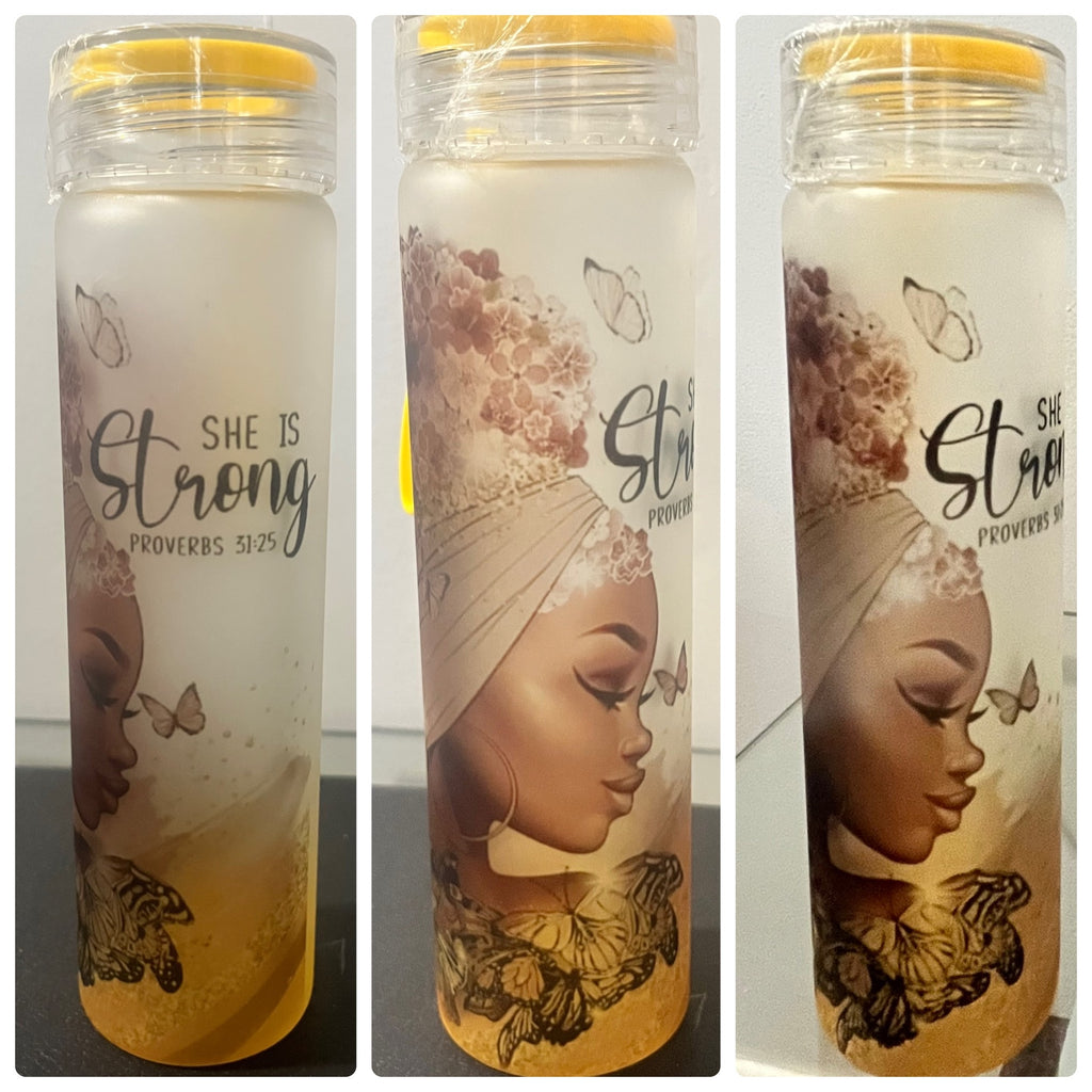 She Is Strong Frosted Water Glass Tumbler - Yellow